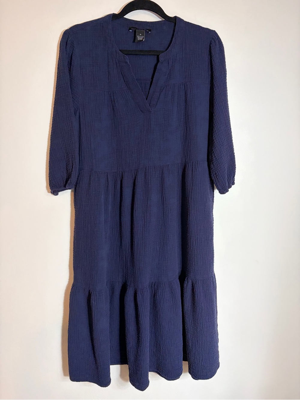 Joan Vass Navy Textured Tiered Midi Dress 100% cotton size medium